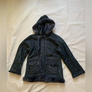 Lawman Western Authentic Shearling Vintage Black Coat with Removeable Hood XS